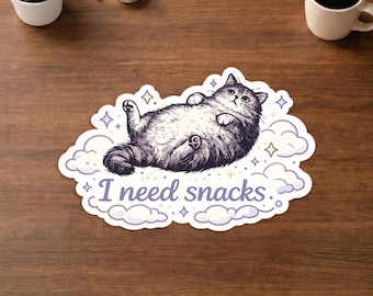 Funny Cat Sticker I Need Snacks - Adorable Fat Cat Vinyl Decal - Cute Aesthetic Kitty Sticker - Pet Lover Gift - Water Bottle Decor.