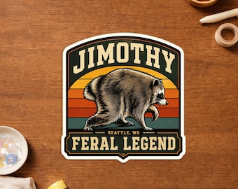 Jimothy Feral Legend Raccoon Sticker, Funny Seattle WA Trash Panda Decal, Vintage Wildlife Meme Laptop Water Bottle Vinyl Gift