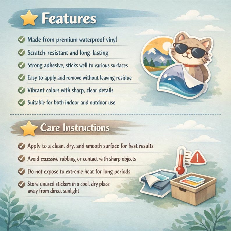 May include: An illustrated advertisement for stickers. The image features a cartoon cat wearing sunglasses, a mountain scene, and a wooden box. Text includes "Features" and "Care Instructions", detailing the stickers' qualities and care.