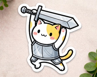 Cute Knight Cat Sticker - Warrior Kitten Decal - Medieval RPG Fantasy Art - Funny Sword Fighter Illustration -Laptop Decal For Animal Lovers