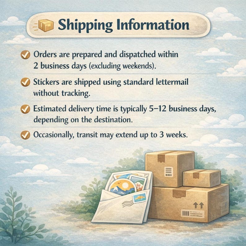 May include: Illustration of shipping information with text and graphics. The image shows an open envelope with postcards, a stack of cardboard boxes, and text that reads "Shipping Information". The text describes order preparation, shipping methods, and delivery times.