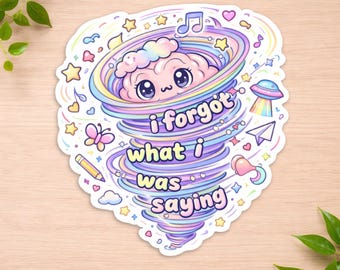 Cute Brain Sticker I Forgot What I Was Saying Funny ADHD Meme Kawaii Pastel Rainbow Planner Sticker Neurodivergent Humor Gift Idea.