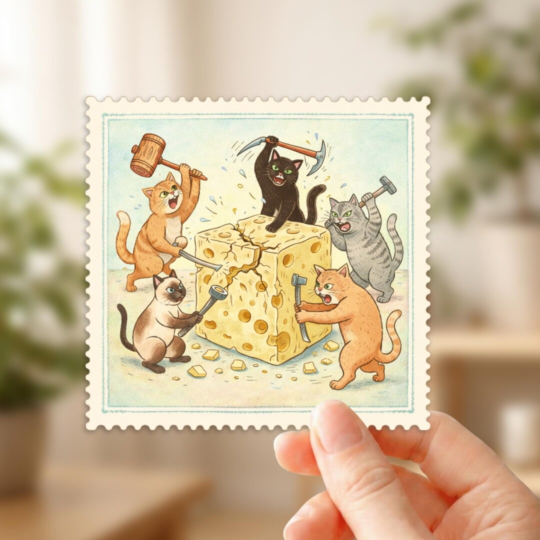 Funny Cats Breaking Cheese Sticker – Cute Cat Art, Fun Animal Design ...