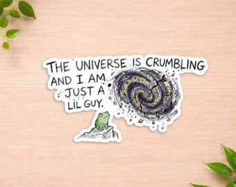 The Universe Is Crumbling And I Am Just A Lil Guy Sticker , Funny Frog Existential Crisis Sticker , Cosmic Meme Laptop Water Bottle Decal