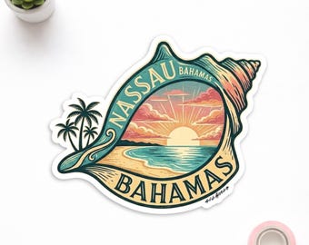 Nassau Bahamas Sunset Shell Sticker - Tropical Beach Travel Decal - Vintage Island Vacation Laptop Water Bottle Sticker Gift