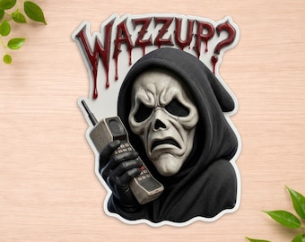 Wazzup Horror Sticker - Retro Scary Mask Decal - Funny Slasher Phone Sticker - Halloween Laptop Decal - 90s Horror Gift - Waterproof Vinyl