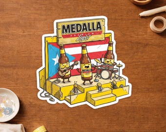Puerto Rico Beer Sticker - Medalla Light Inspired Boricua Art - Caribbean Music Lover Decal - Guitar Drums Party Sticker Gift