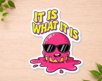 Cute "It Is What It Is Quote"- Melting Ice Cream with Sunglasses-Funny Strawberry Ice Cream Sticker-Kawaii Dessert Sticker -Cool Gift Idea