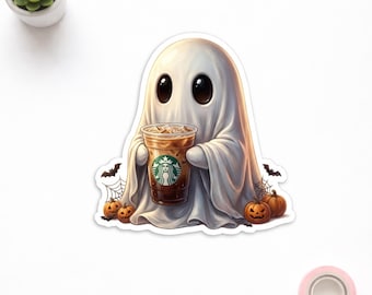 Cute Ghost Coffee Sticker - Halloween Iced Coffee Sticker - Spooky Season Ghost - Pumpkin Fall Sticker - Kawaii Coffee Lover Gift