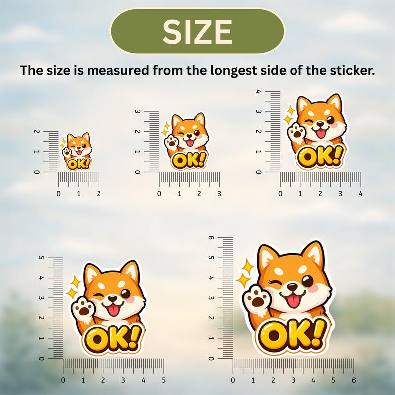 K&ouml;nnte beinhalten: Eine Auswahl an orangefarbenen und wei&szlig;en Shiba Inu-Aufklebern mit dem Text "OK!" und einer winkenden Pfote. Die Aufkleber werden in verschiedenen Gr&ouml;&szlig;en mit Messungen in Zentimetern gezeigt. Der Text "SIZE" und "Die Gr&ouml;&szlig;e wird von der l&auml;ngsten Seite des Aufklebers gemessen" ist enthalten.