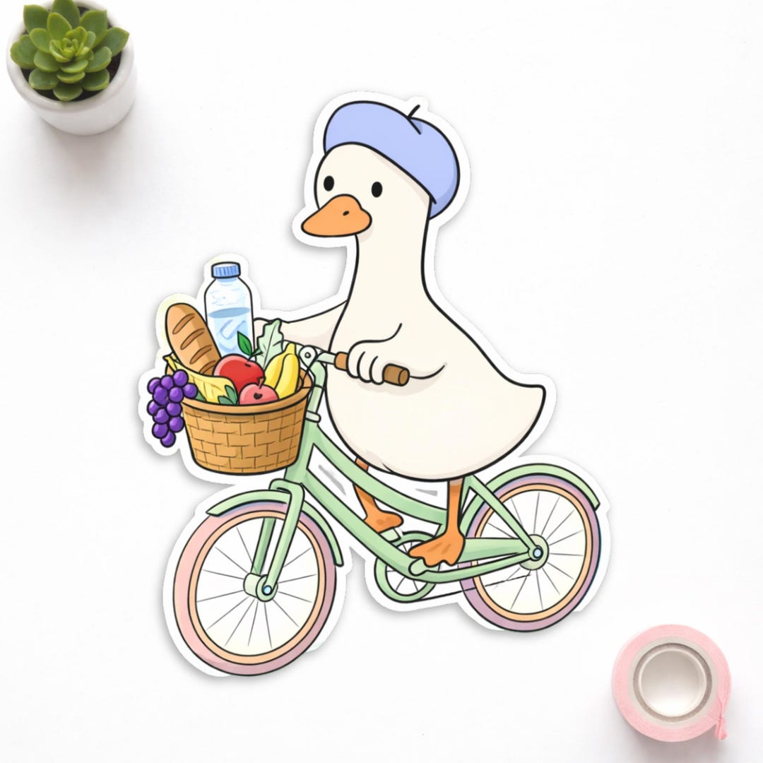 Adorable Duck on Bike Sticker | Cute Animal Sticker With Fruits and ...
