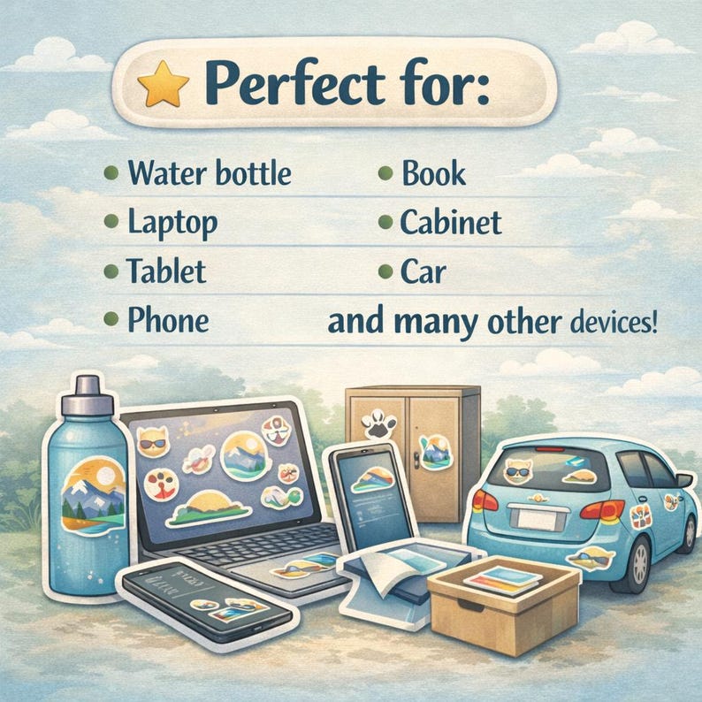 May include: An illustration showcasing stickers applied to various items, including a water bottle, laptop, tablet, phone, cabinet, and car. The image includes the text "Perfect for:" and lists the items the stickers are suitable for.