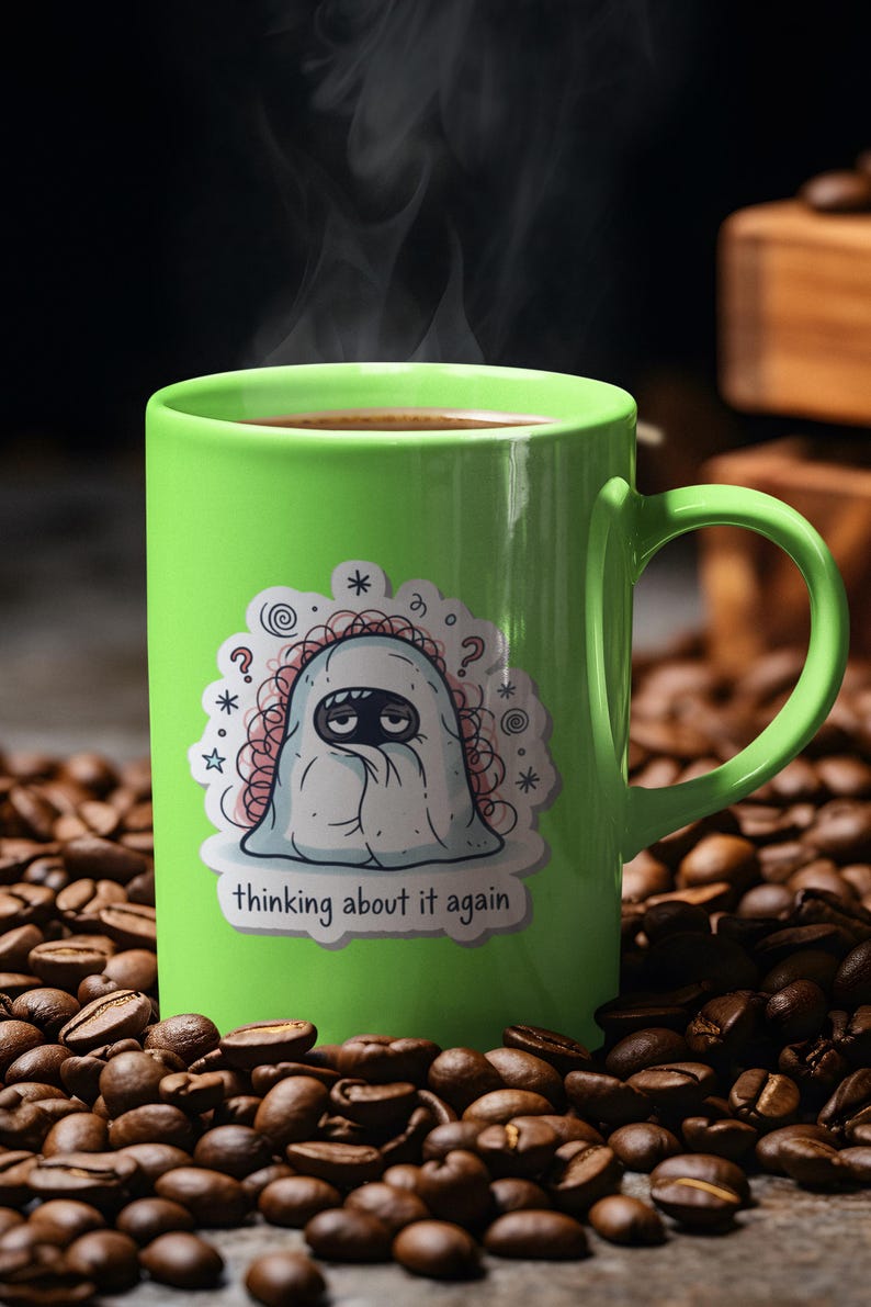 May include: A bright green ceramic coffee mug filled with dark coffee, with steam rising from the top. The mug features a sticker with a cartoon ghost and the text "thinking about it again". The mug is surrounded by coffee beans.
