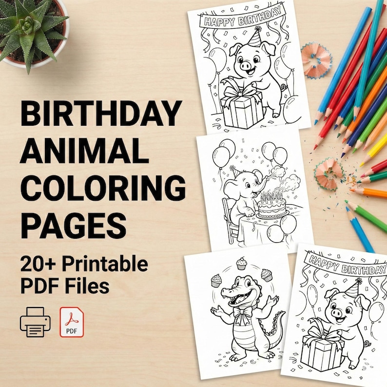Birthday Animal Coloring Pages | Printable Kids Party Favors | Happy ...