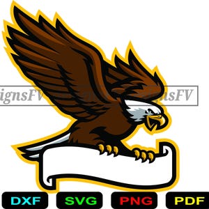 May include: A graphic illustration of a brown eagle with a white head and yellow beak in a diving pose, clutching a blank white banner. The design features bold black outlines and a yellow border. The text designsFV is visible in the background.