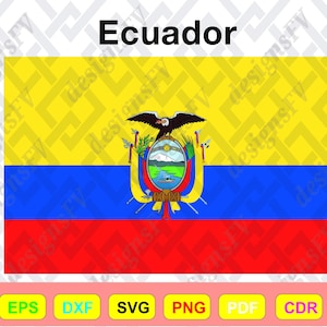Op de afbeelding: Een digitale illustratie van de vlag van Ecuador. De vlag heeft horizontale strepen in geel, blauw en rood, met het wapen van Ecuador in het midden. Het woord "Ecuador" staat bovenaan.