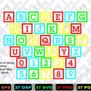 May include: A digital graphic featuring the alphabet from A to Z and numbers 0 to 9, each character enclosed in a square frame. The frames and letters alternate between red, yellow, green, and cyan colors. Text at the bottom lists 37 EPS, 37 DXF, 37 SVG, 37 PNG, and 37 PDF file formats.