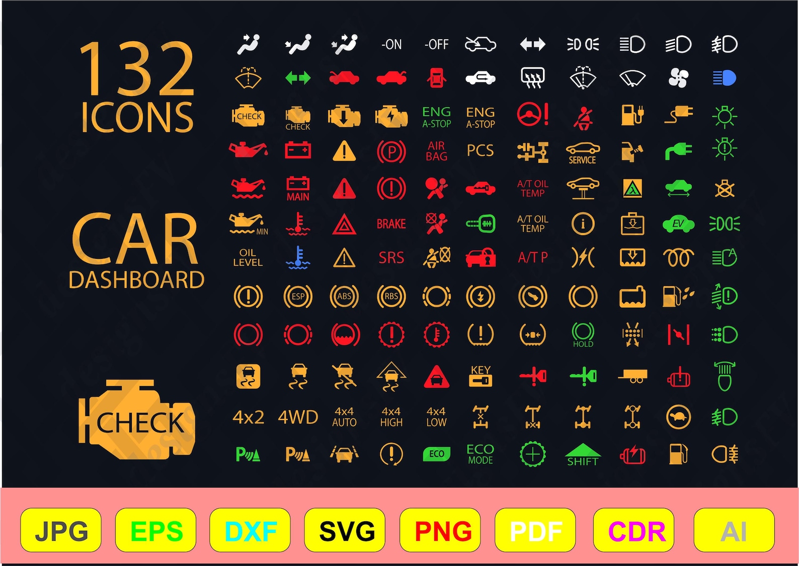 132 Car Dashboard Warning Lights Icons - Vector Symbols for Mechanics ...