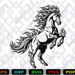 May include: A black and white illustration of a rearing horse with flames emanating from its mane, tail, and hooves. The horse is a silhouette, with detailed shading. The background is a light gray pattern. The image includes file type icons.