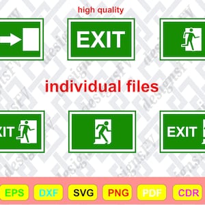 Könnte beinhalten: Eine Sammlung grüner und weißer Notausgangsschilder in verschiedenen Designs. Die Schilder zeigen ein Symbol einer rennenden Person und das Wort "EXIT". Das Bild enthält auch den Text "high quality" und "individual files" in Rot.