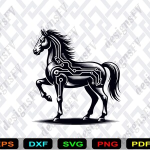 May include: Black and white illustration of a horse with circuit board design elements. The horse is in a standing pose with one leg raised. The image has a digital art style and includes file format icons: EPS, DXF, SVG, PNG, and PDF.