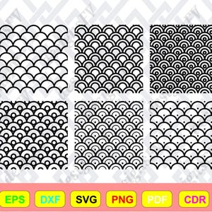 May include: Six square patterns with a repeating black and white design. The patterns feature a scale-like or wave-like motif. The image also includes file type icons: JPG, EPS, DXF, SVG, PNG, PDF, CDR, and AI.