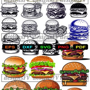 Pode incluir: Uma coleção de ilustrações de hambúrgueres com vários estilos, incluindo desenhos de linhas em preto e branco, silhuetas e designs coloridos. A imagem inclui etiquetas de texto para formatos de arquivo: EPS, DXF, SVG, PNG e PDF, junto com a marca d'água designsFV.
