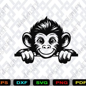 Puede incluir: Ilustración en blanco y negro de un mono sonriente asomándose por encima de una barra horizontal. El mono tiene ojos grandes y una expresión alegre. El fondo presenta un patrón geométrico repetitivo. Ideal para diseño.
