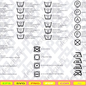 May include: A white graphic with laundry symbols and text indicating washing, drying, and ironing instructions. Includes machine wash temperatures in Celsius, tumble dry options, and dry cleaning guidance.
