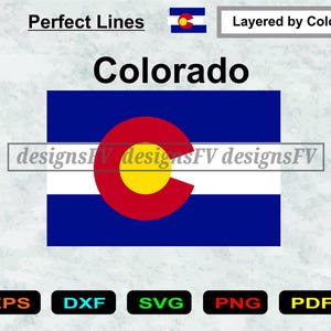May include: A digital graphic of the Colorado state flag featuring blue, white, and red horizontal stripes with a red C and yellow circle. Text includes Perfect Lines, Layered by Color, Colorado, designsFV, and file formats EPS, DXF, SVG, PNG, PDF.
