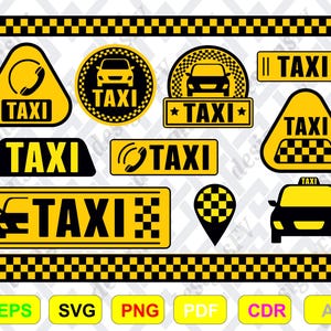 Puede incluir: Una colección de gráficos amarillos y negros con temática de taxi. Los diseños incluyen varias formas con la palabra "TAXI" y siluetas de coches de taxi. Adecuado para proyectos de diseño digital.