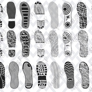 Conjunto de texturas de suelas de zapatos, huellas humanas SVG, patrón de banda de rodadura de zapatillas, imágenes prediseñadas de huellas de barro, descarga instantánea, uso comercial, silueta EPS