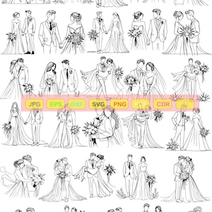 May include: A collection of black and white line art illustrations depicting various wedding scenes. The images show couples in wedding attire, holding hands, embracing, and carrying bouquets. The style is simple and elegant, suitable for wedding-related designs.