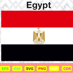 May include: The flag of Egypt, featuring a horizontal tricolor of red, white, and black, with the golden Eagle of Saladin emblem centered on the white band. The word "Egypt" is displayed at the top.