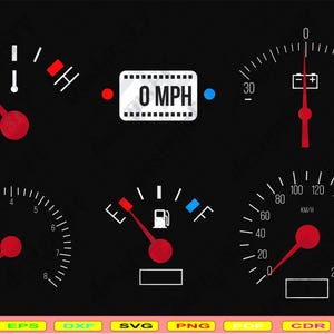 Può includere: Sfondo nero con sei indicatori di veicoli. Questi includono un indicatore di temperatura, un tachimetro che indica 0 MPH, un indicatore della batteria, un contagiri, un indicatore del carburante e un tachimetro con un massimo di 220 km/h.