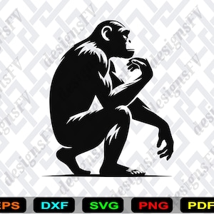 Puede incluir: Ilustración en blanco y negro de un chimpancé en cuclillas, con la mano en la barbilla, en una pose pensativa. La imagen tiene un diseño limpio y minimalista, adecuado para diversas aplicaciones. En la parte inferior, iconos de tipos de archivo: EPS, DXF, SVG, PNG y PDF.