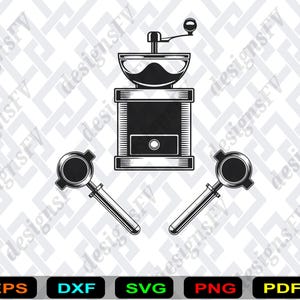 May include: A monochrome illustration featuring a coffee grinder and two portafilters. The grinder has a hopper, a handle, and a drawer. The portafilters are positioned on either side. The background has a repeating pattern and the text "designsFV".