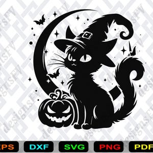 May include: A black cat wearing a witch hat sits in front of a crescent moon, with bats and stars. A jack-o'-lantern sits below the cat. The image is a Halloween-themed design.