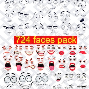 May include: A collection of cartoon faces with various expressions, including happy, sad, angry, and surprised. The image features a variety of eye shapes, eyebrows, and mouths. The text "724 faces pack" is displayed in a red rectangle.