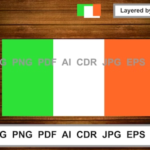 Puede incluir: Un gráfico rectangular de la bandera irlandesa, con franjas verticales verdes, blancas y naranjas. La imagen incluye texto que indica formatos de archivo: SVG, PNG, PDF, AI, CDR, JPG, EPS y DXF. También está presente la frase "Layered by Color".