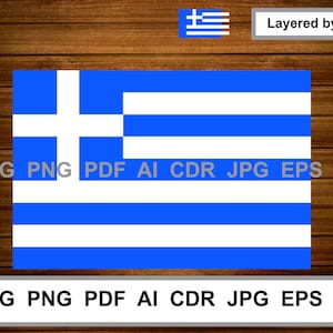 Könnte beinhalten: Ein blau-weißes griechisches Flaggen-Design. Die Flagge zeigt ein weißes Kreuz in der oberen linken Ecke und abwechselnd blaue und weiße Streifen. Das Bild enthält den Text "SVG PNG PDF AI CDR JPG EPS DXF" in zwei Zeilen.