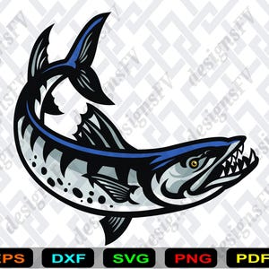 May include: A stylized illustration of a barracuda fish in shades of blue, gray, and black. The fish is depicted with sharp teeth and a curved body, suggesting movement. The image includes file type icons: EPS, DXF, SVG, PNG, and PDF.