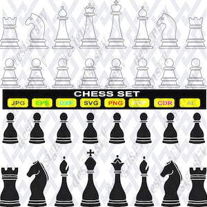 Puede incluir: Una ilustración digital de un juego de ajedrez, con piezas de ajedrez negras delineadas y sólidas. El conjunto incluye torres, caballos, alfiles, un rey y una reina, junto con peones. El texto "CHESS SET" se muestra con iconos de formato de archivo.