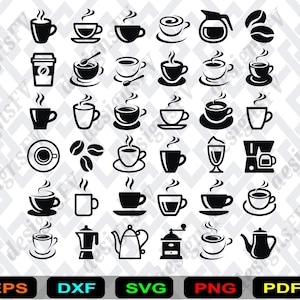 May include: A collection of black and white coffee-themed icons, including various coffee cups, coffee beans, a coffee pot, and a coffee grinder. The icons are in a simple, graphic style, suitable for digital design or print.