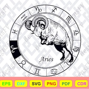 May include: Black and white Aries zodiac sign illustration. The ram is centered within a circle, surrounded by other zodiac symbols. The word "Aries" is written below the ram. The image includes file type icons: JPG, EPS, DXF, SVG, PNG, PDF, CDR, and AI.