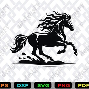 May include: A black silhouette of a running horse with flowing mane and tail. The horse is depicted mid-stride, with water splashing from its hooves. The image is set against a patterned background and includes file type icons.