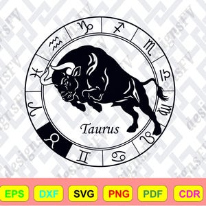 May include: Black and white Taurus zodiac sign design. The image features a bull inside a circle with zodiac symbols around the perimeter. The word "Taurus" is written below the bull.
