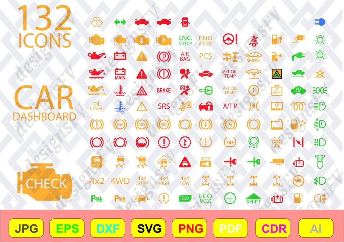 132 Car Dashboard Warning Lights Icons - Vector Symbols for Mechanics ...