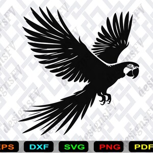 May include: Black silhouette of a parrot in flight, wings spread wide. The bird is depicted with detailed feathers and a curved beak. The image includes file format icons: EPS, DXF, SVG, PNG, and PDF.