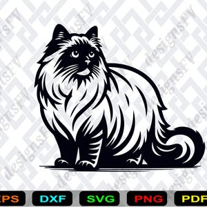May include: A black and white illustration of a fluffy cat in a sitting position. The cat has a long, flowing tail and a detailed fur pattern. The image includes file format options: EPS, DXF, SVG, PNG, and PDF.